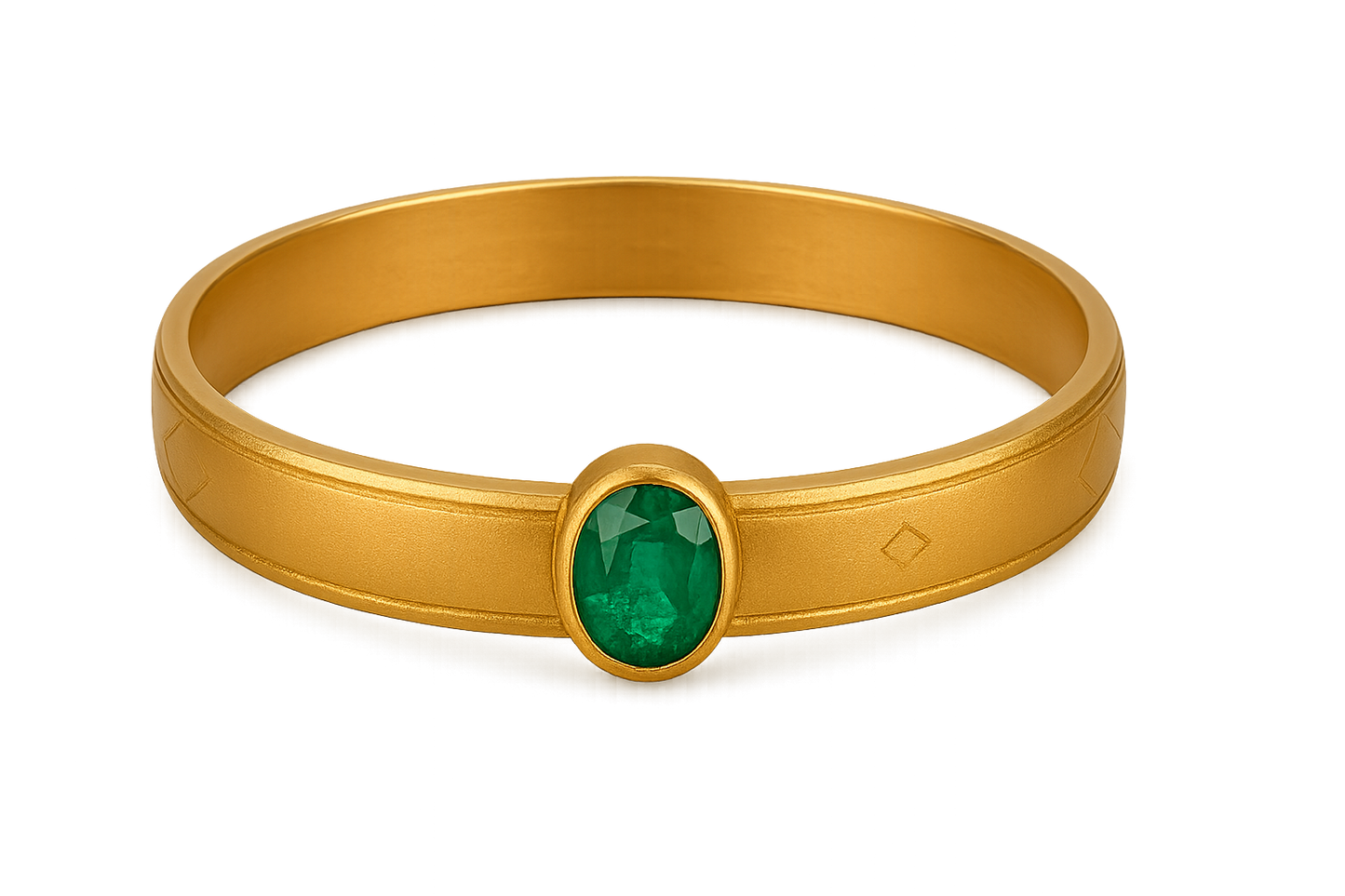 Solid gold kada with simple matte finish design, perfect for gifting and daily wear. with emerald give the image in png format no background