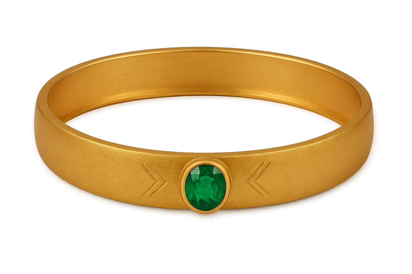 Solid gold kada with simple matte finish design, perfect for gifting and daily wear. with emerald give the image in png format no background 