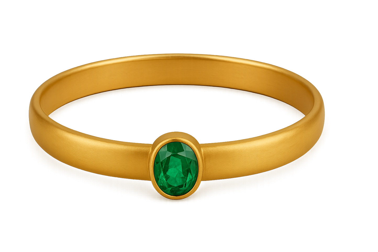 Solid gold kada with simple matte finish design, perfect for gifting and daily wear. with emerald give the image in png format no background 