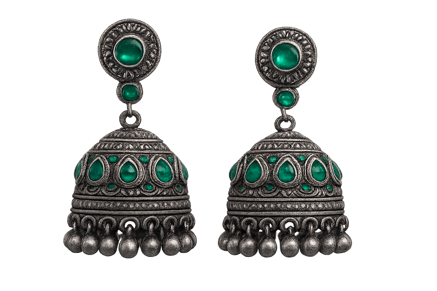 sOxidized Silver Jhumkas 9 with emerald give the image in png format no background 
