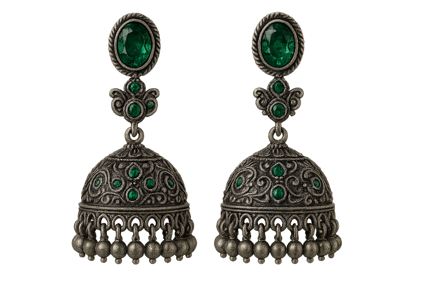 sOxidized Silver Jhumkas 9 with emerald give the image in png format no background  