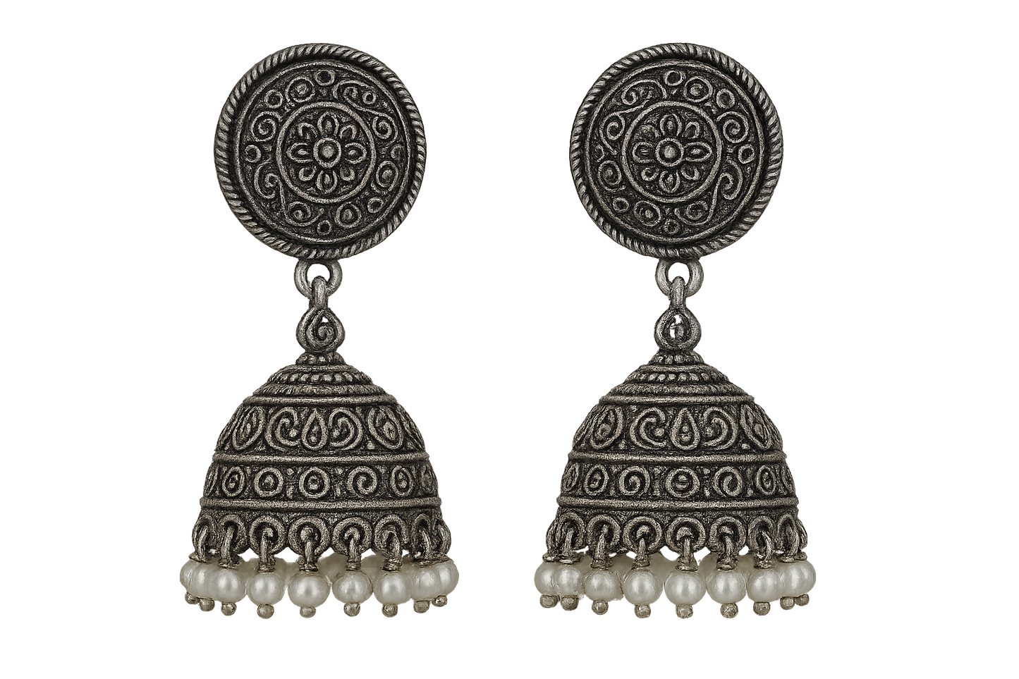 sOxidized Silver Jhumkas 9 with pearl give the image in png format no background 