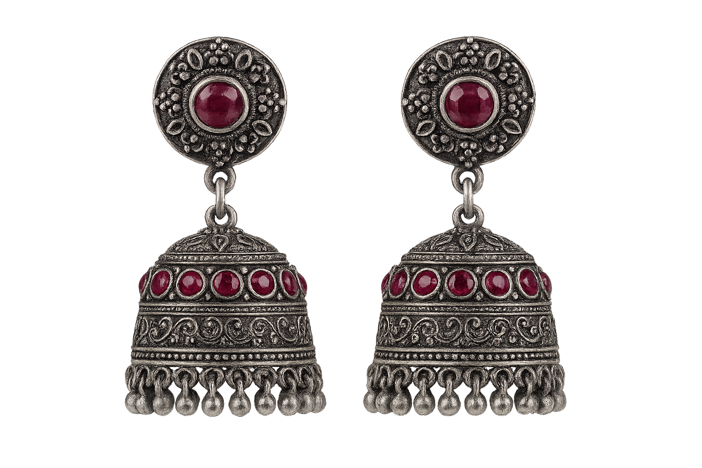 sOxidized Silver Jhumkas 9 with ruby give the image in png format no background  