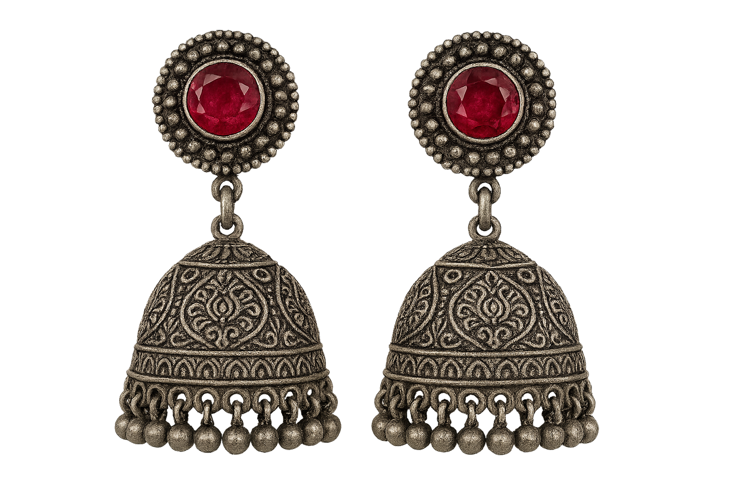sOxidized Silver Jhumkas 9 with ruby give the image in png format no background 