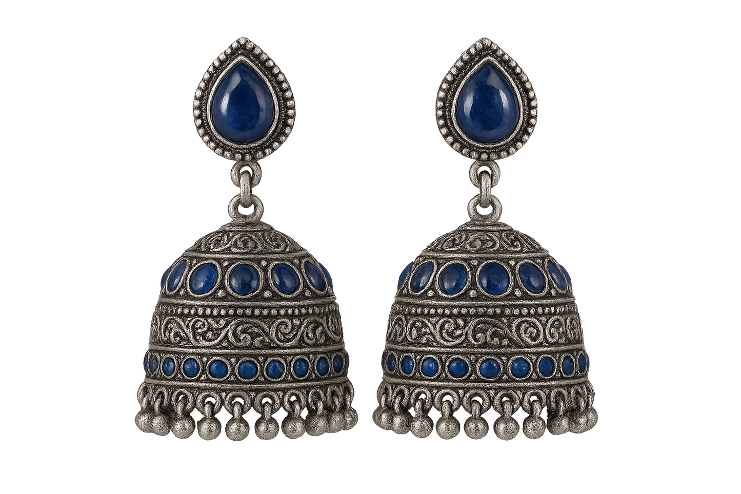 sOxidized Silver Jhumkas 9 with sapphire give the image in png format no background  