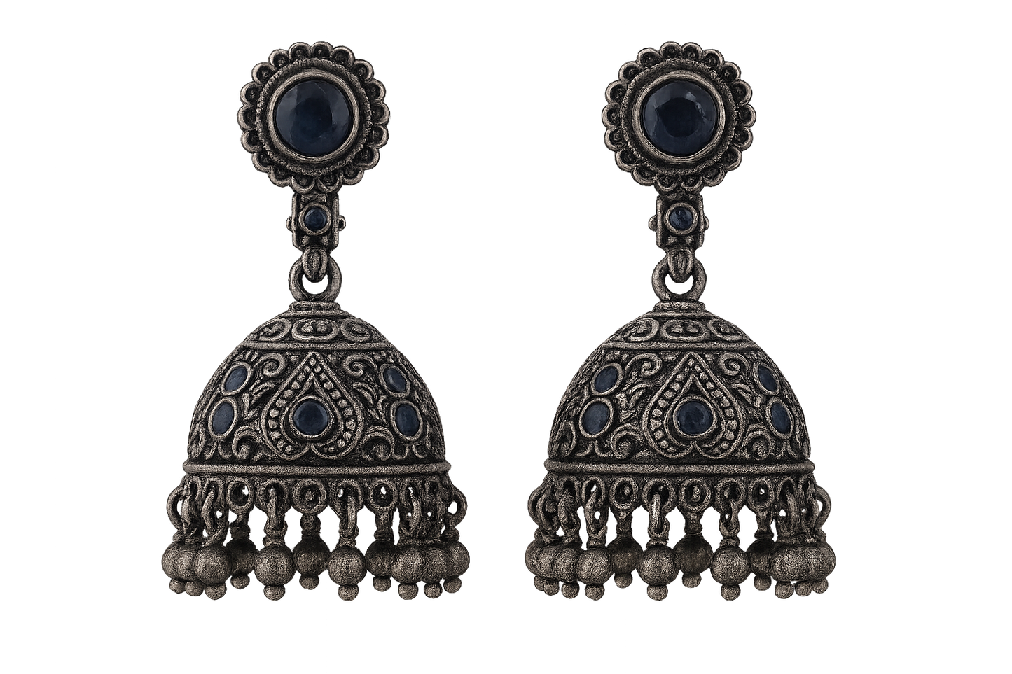 sOxidized Silver Jhumkas 9 with sapphire give the image in png format no background 
