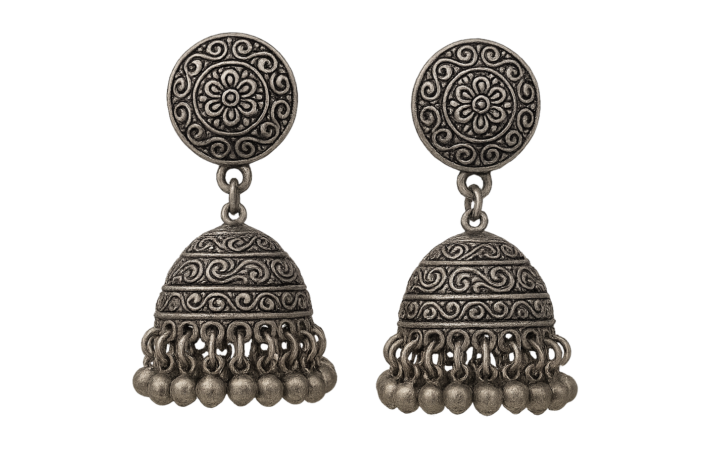 Traditional oxidized jhumkas with ghungroo detailing. Lightweight and handmade. give the image in png format no backgroud
