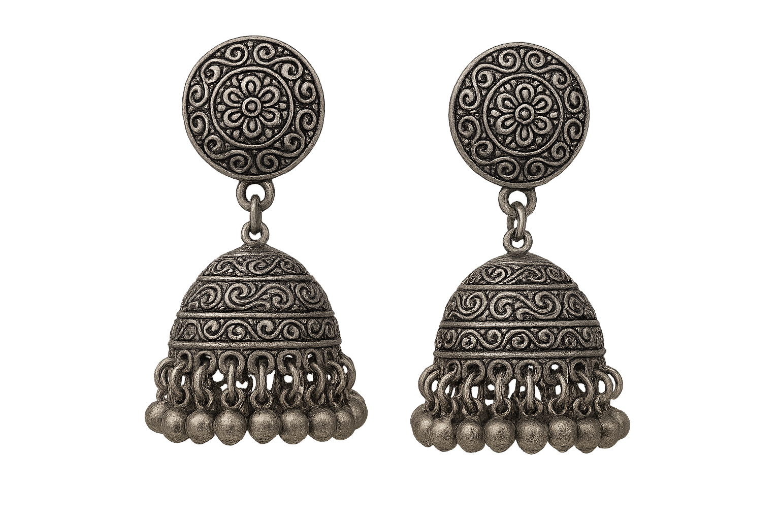 Traditional oxidized jhumkas with ghungroo detailing. Lightweight and handmade. give the image in png format no backgroud