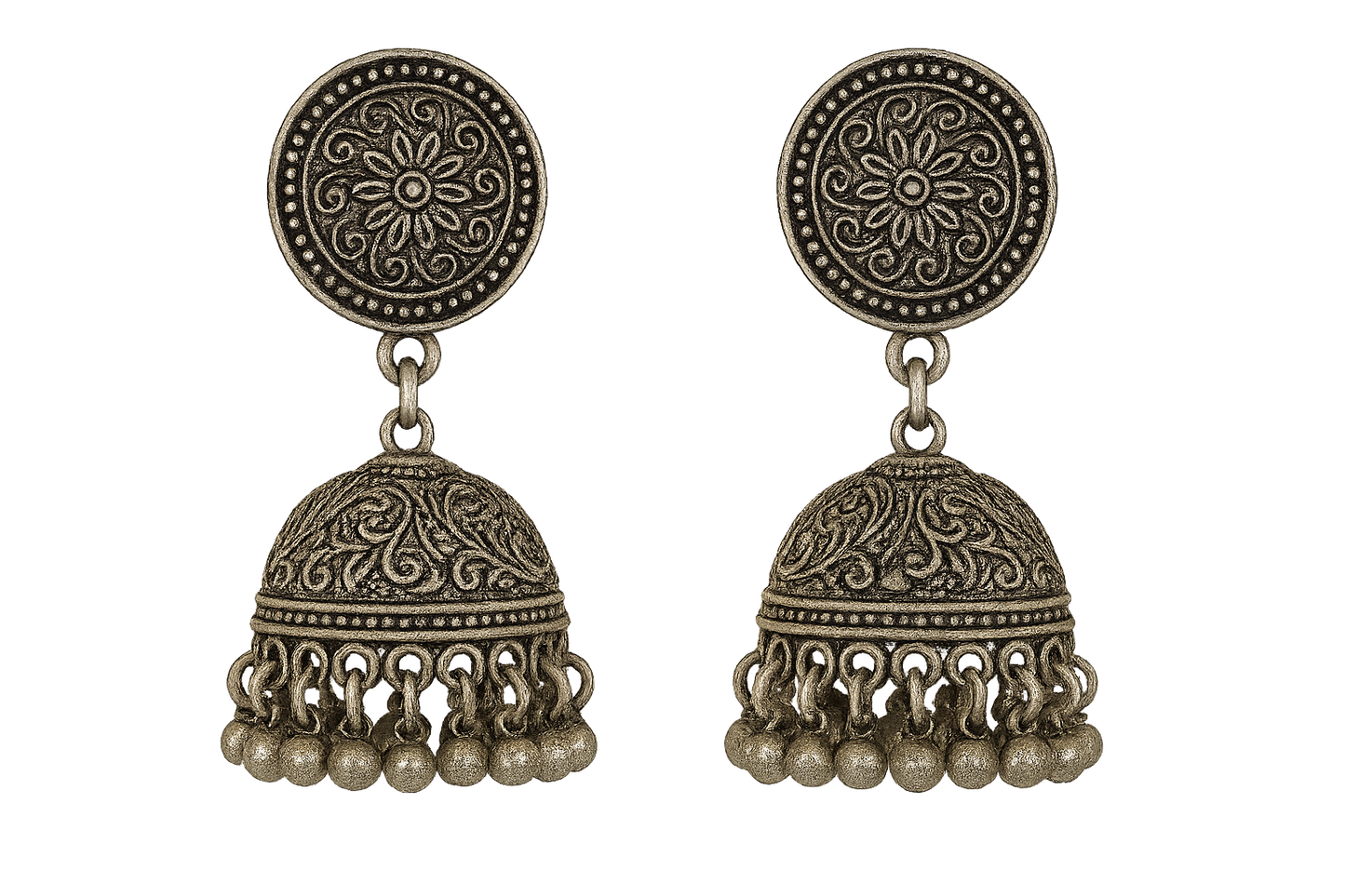 Traditional oxidized jhumkas with ghungroo detailing. Lightweight and handmade. give the image in png format no background