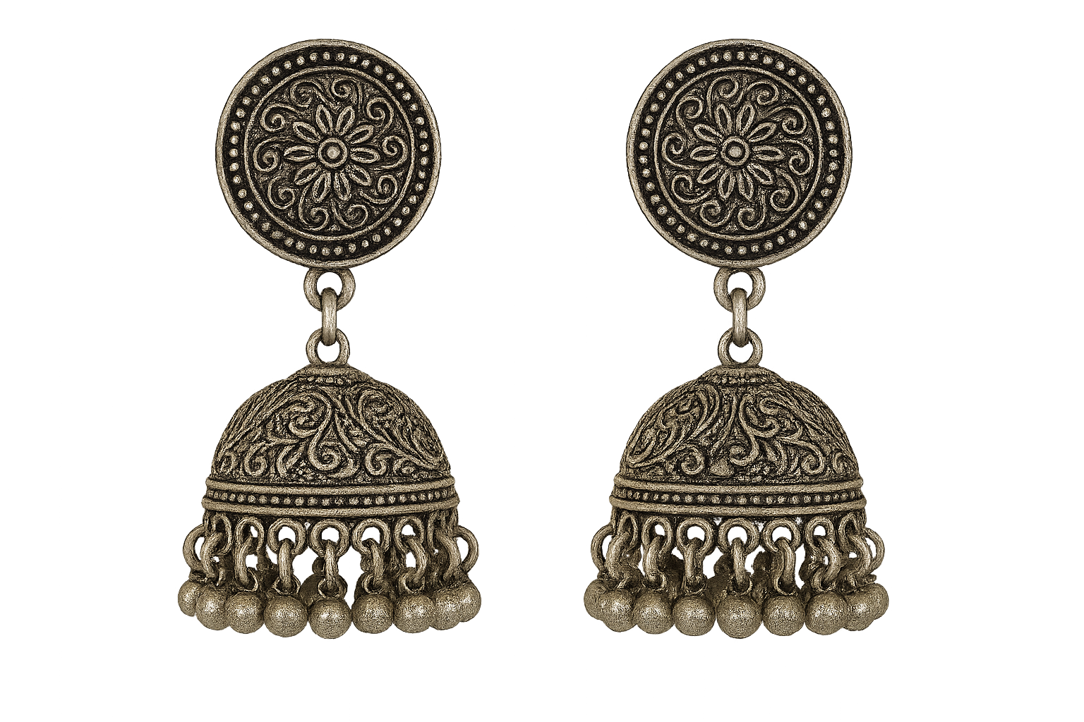 Traditional oxidized jhumkas with ghungroo detailing. Lightweight and handmade. give the image in png format no background