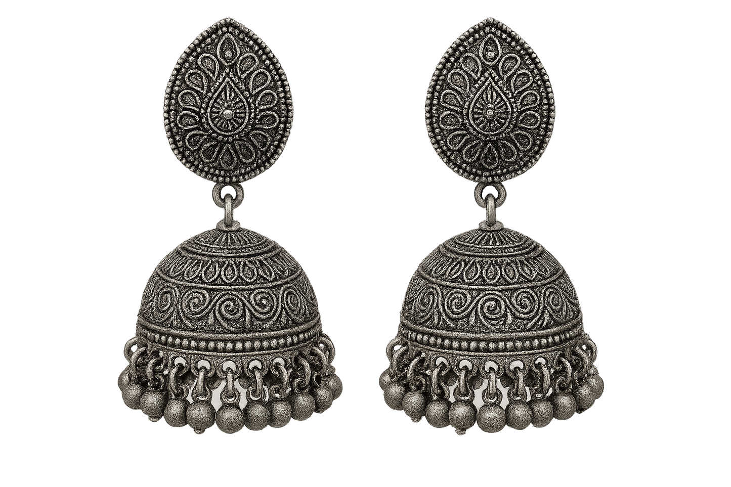 Traditional oxidized jhumkas with ghungroo detailing. Lightweight and handmade. give the image in png format no background