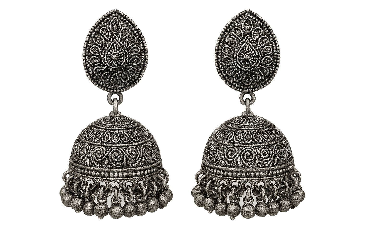 Traditional oxidized jhumkas with ghungroo detailing. Lightweight and handmade. give the image in png format no background