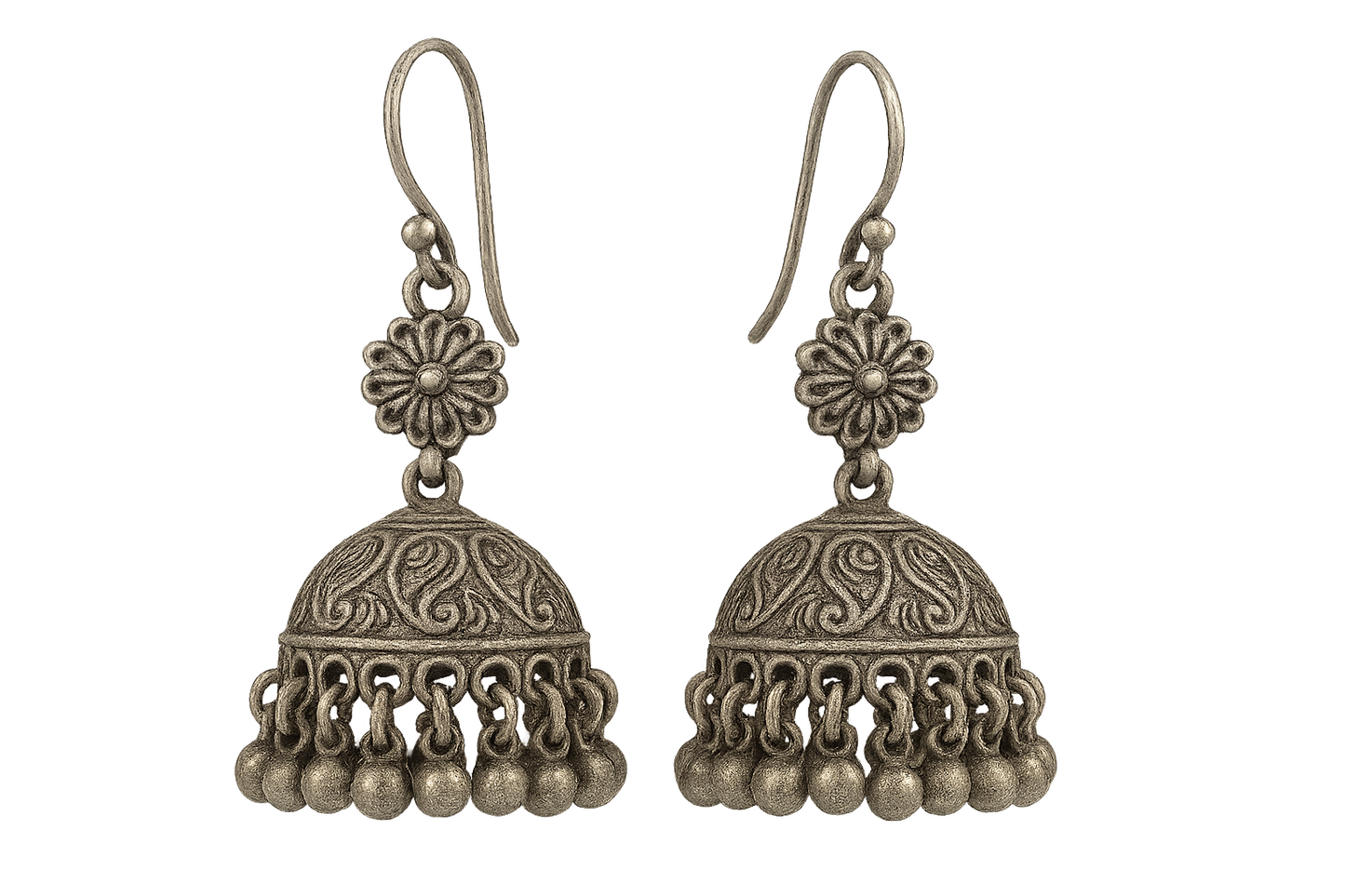 Traditional oxidized jhumkas with ghungroo detailing. Lightweight and handmade. give the image in png format no background