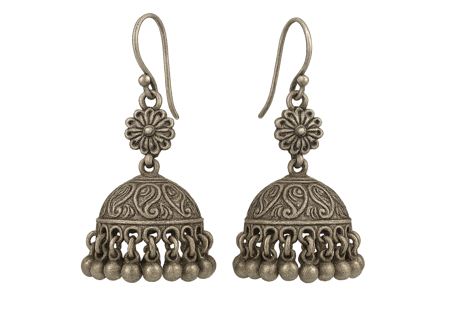 Traditional oxidized jhumkas with ghungroo detailing. Lightweight and handmade. give the image in png format no background