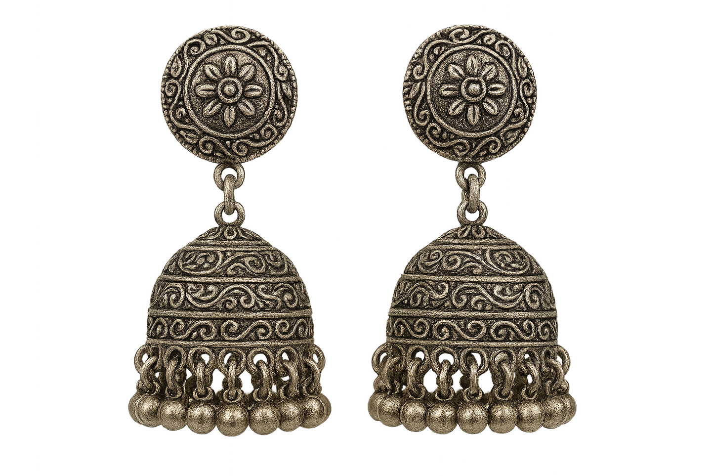 Traditional oxidized jhumkas with ghungroo detailing. Lightweight and handmade. give the image in png format no background