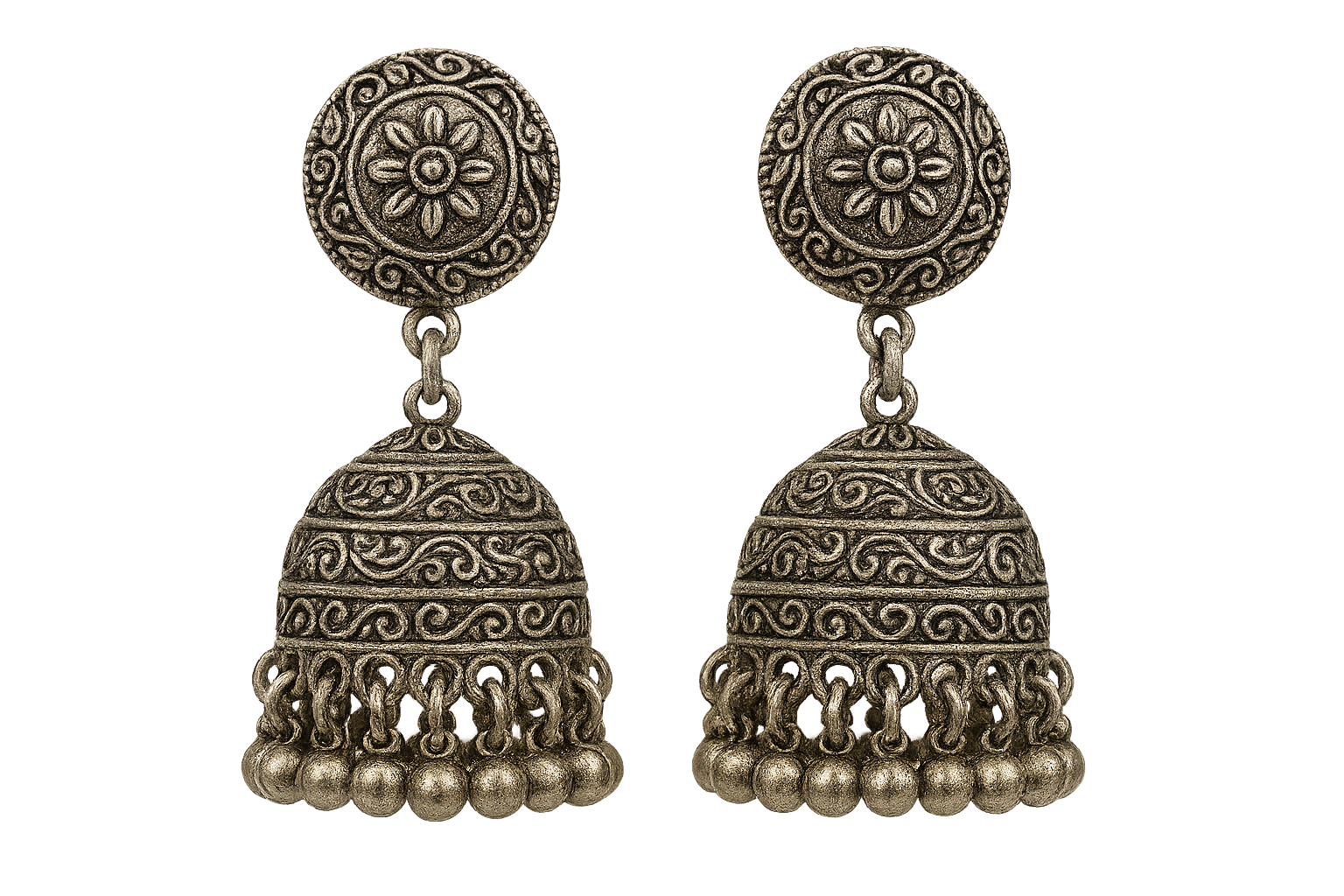 Traditional oxidized jhumkas with ghungroo detailing. Lightweight and handmade. give the image in png format no background