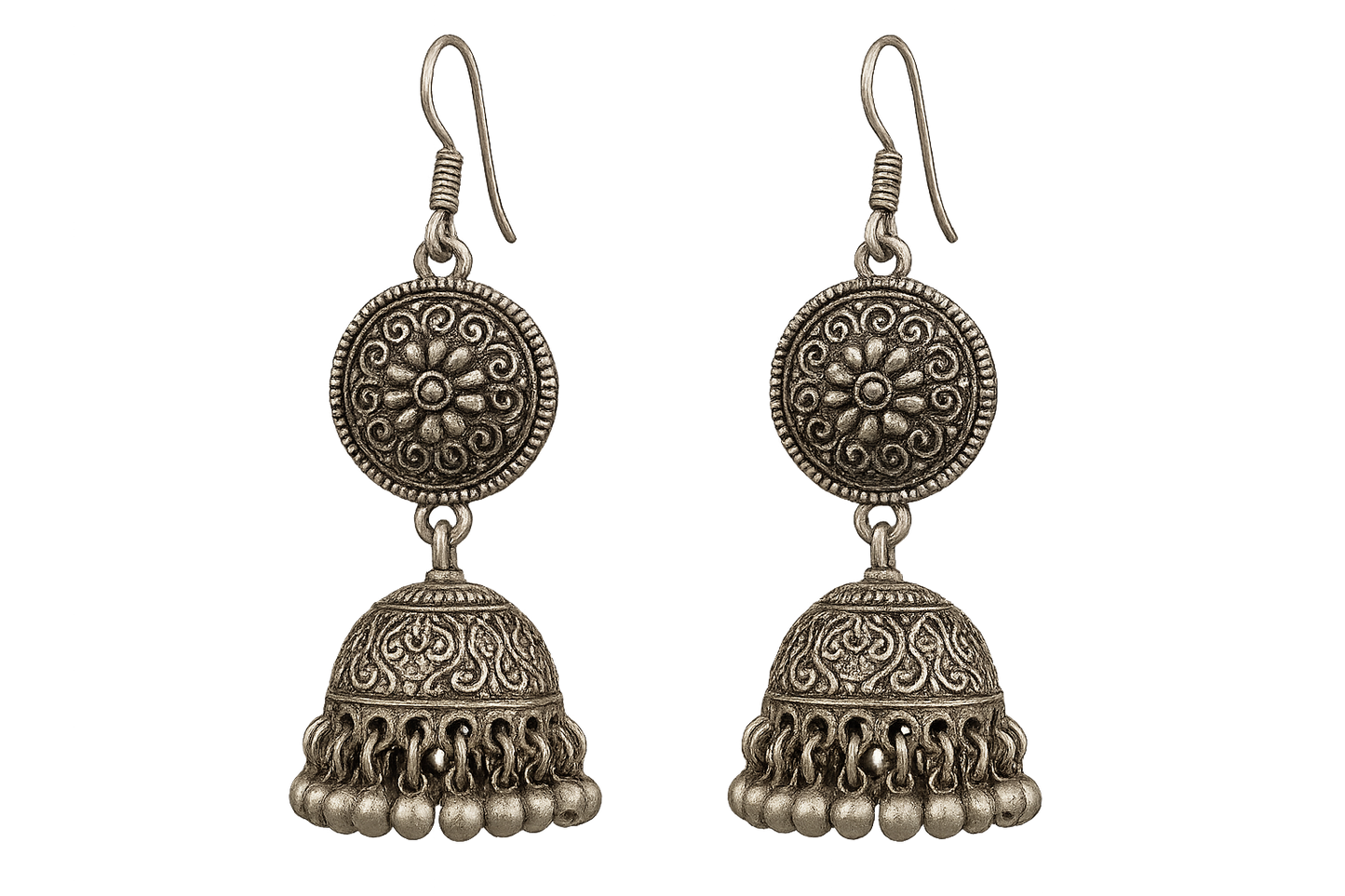 Traditional oxidized jhumkas with ghungroo detailing. Lightweight and handmade. give the image in png format no background