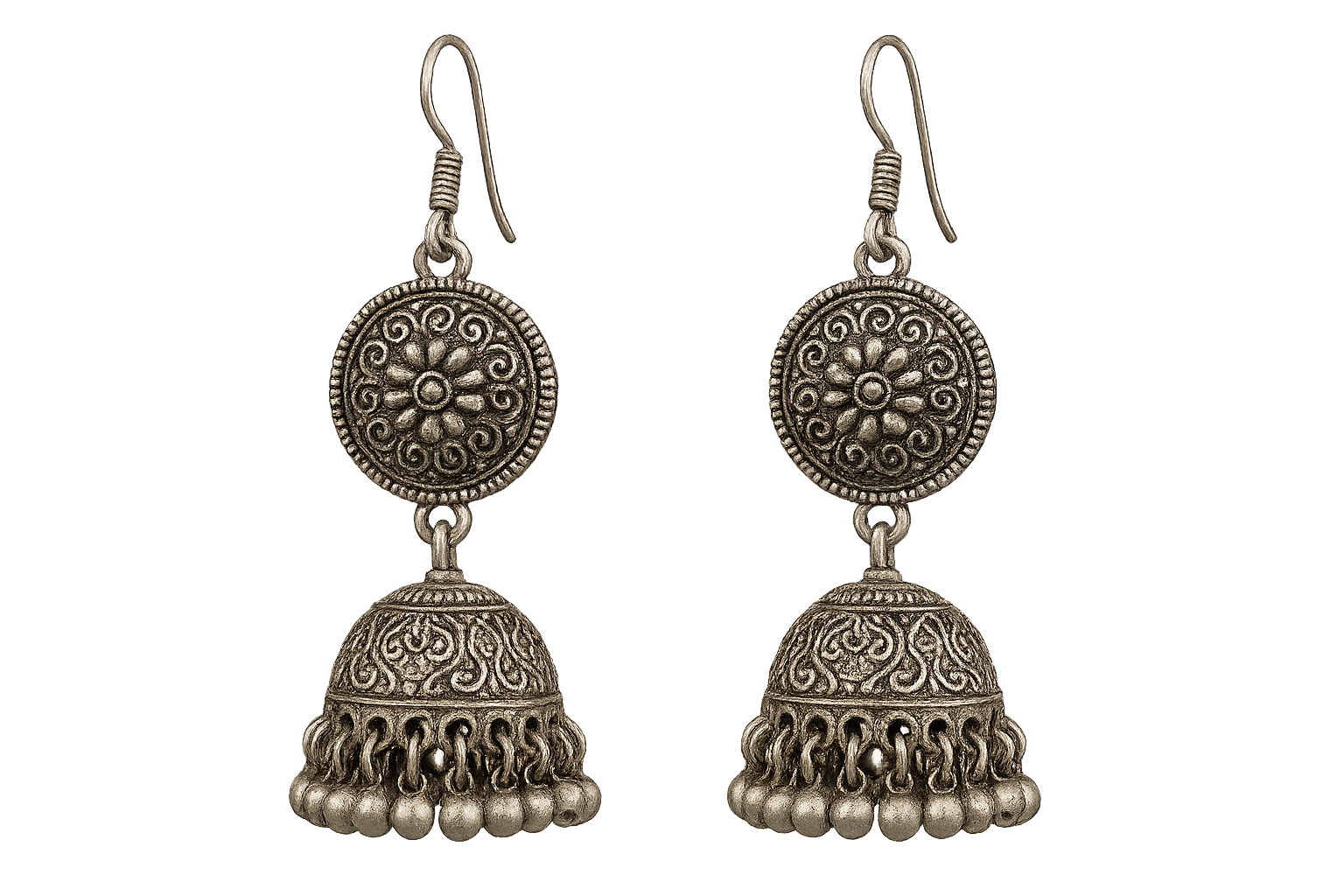 Traditional oxidized jhumkas with ghungroo detailing. Lightweight and handmade. give the image in png format no background