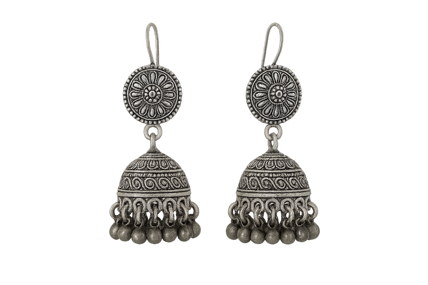 Traditional oxidized jhumkas with ghungroo detailing. Lightweight and handmade. give the image in png format no background