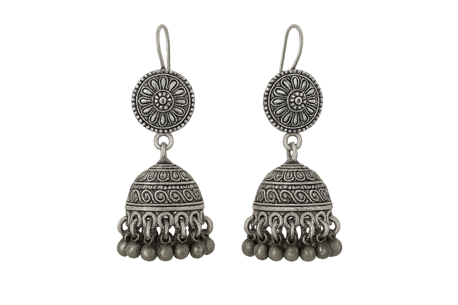 Traditional oxidized jhumkas with ghungroo detailing. Lightweight and handmade. give the image in png format no background