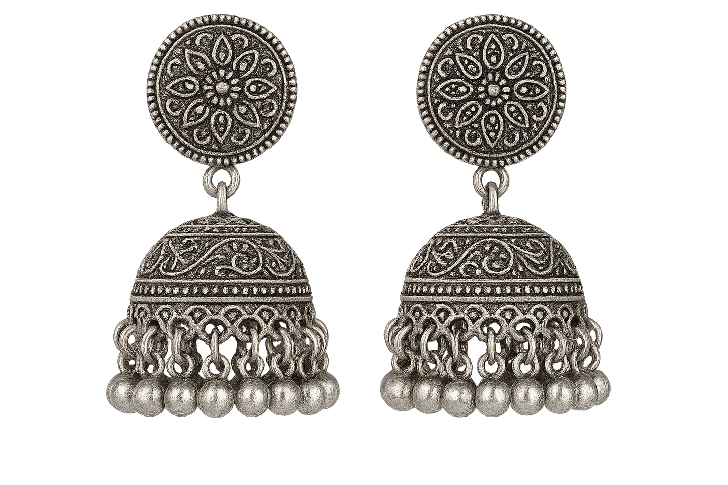 Traditional oxidized jhumkas with ghungroo detailing. Lightweight and handmade. give the image in png format no background