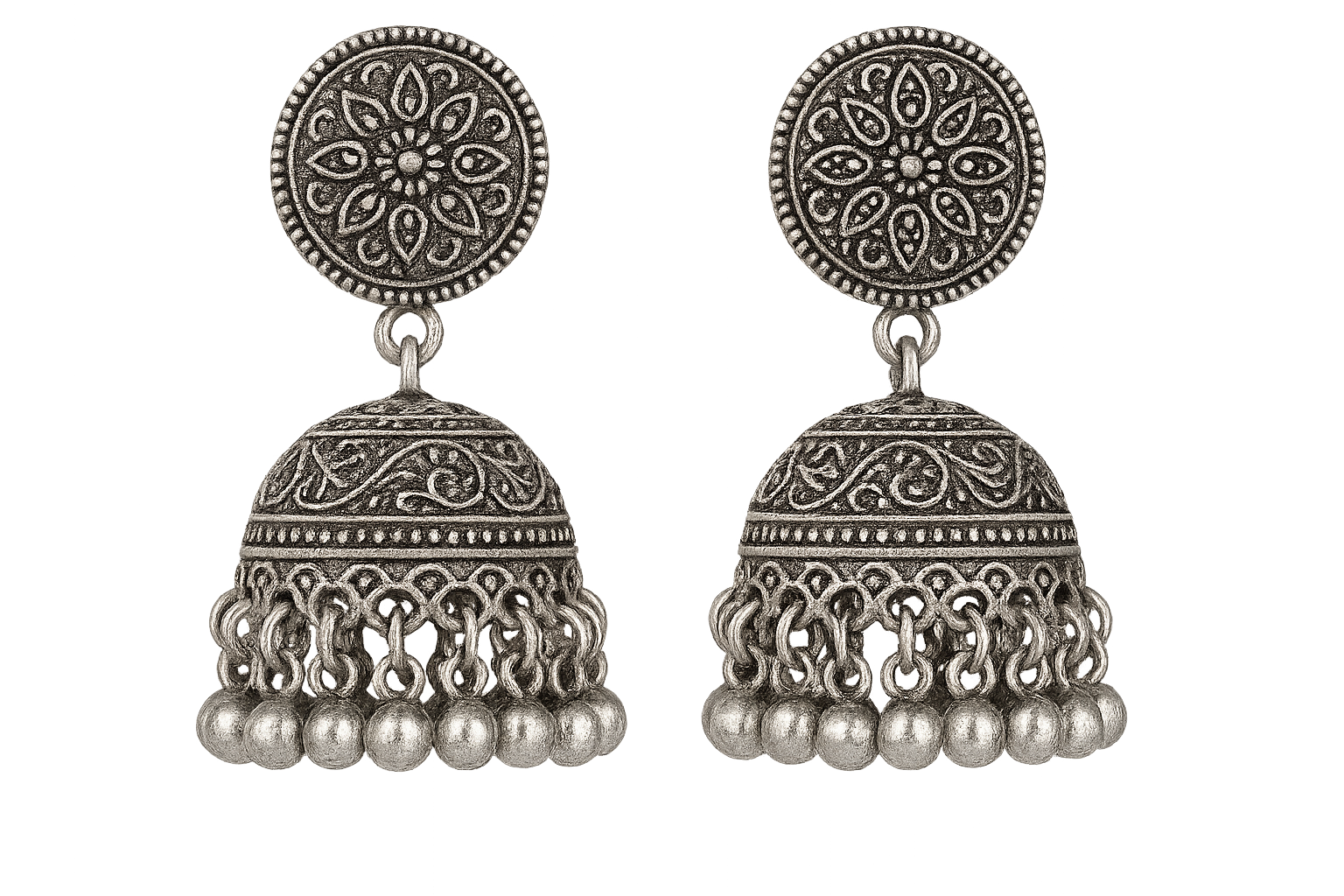 Traditional oxidized jhumkas with ghungroo detailing. Lightweight and handmade. give the image in png format no background