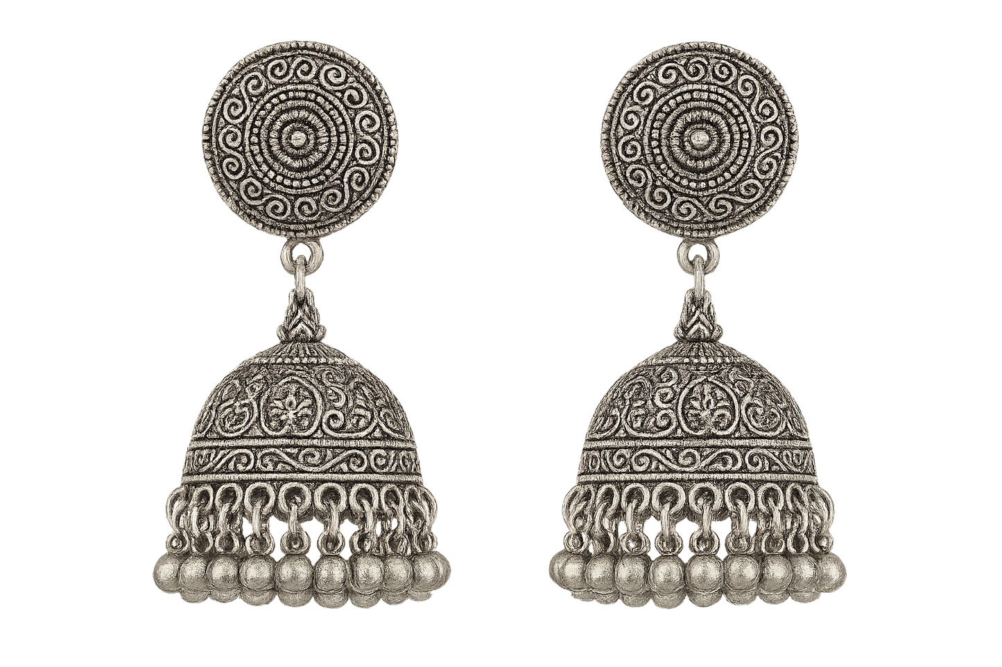 Traditional oxidized jhumkas with ghungroo detailing. Lightweight and handmade. give the image in png format no background
