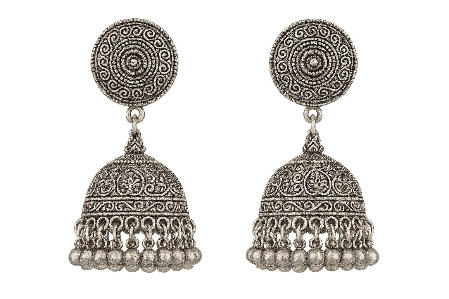 Traditional oxidized jhumkas with ghungroo detailing. Lightweight and handmade. give the image in png format no background