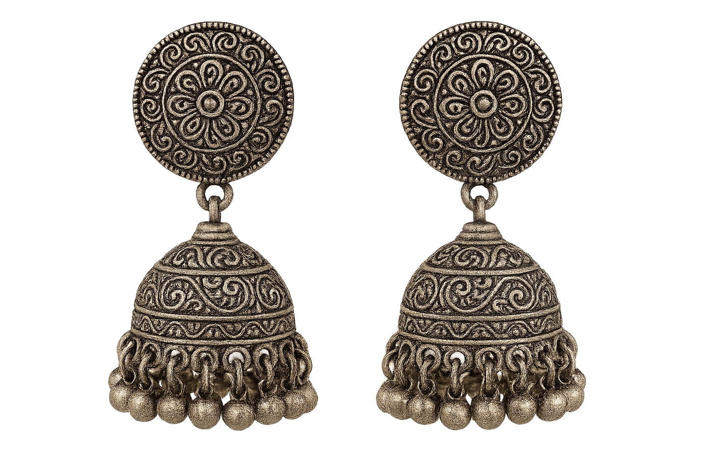Traditional oxidized jhumkas with ghungroo detailing. Lightweight and handmade. give the image in png format no background