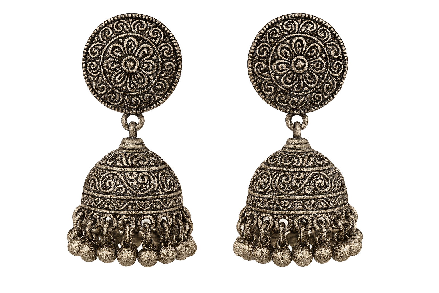 Traditional oxidized jhumkas with ghungroo detailing. Lightweight and handmade. give the image in png format no background