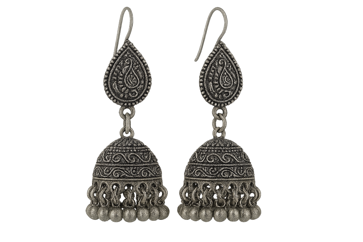 Traditional oxidized jhumkas with ghungroo detailing. Lightweight and handmade. give the image in png format no background