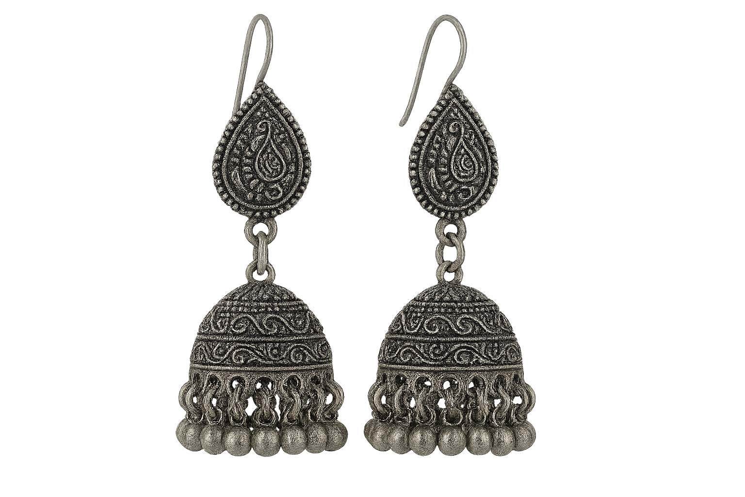 Traditional oxidized jhumkas with ghungroo detailing. Lightweight and handmade. give the image in png format no background