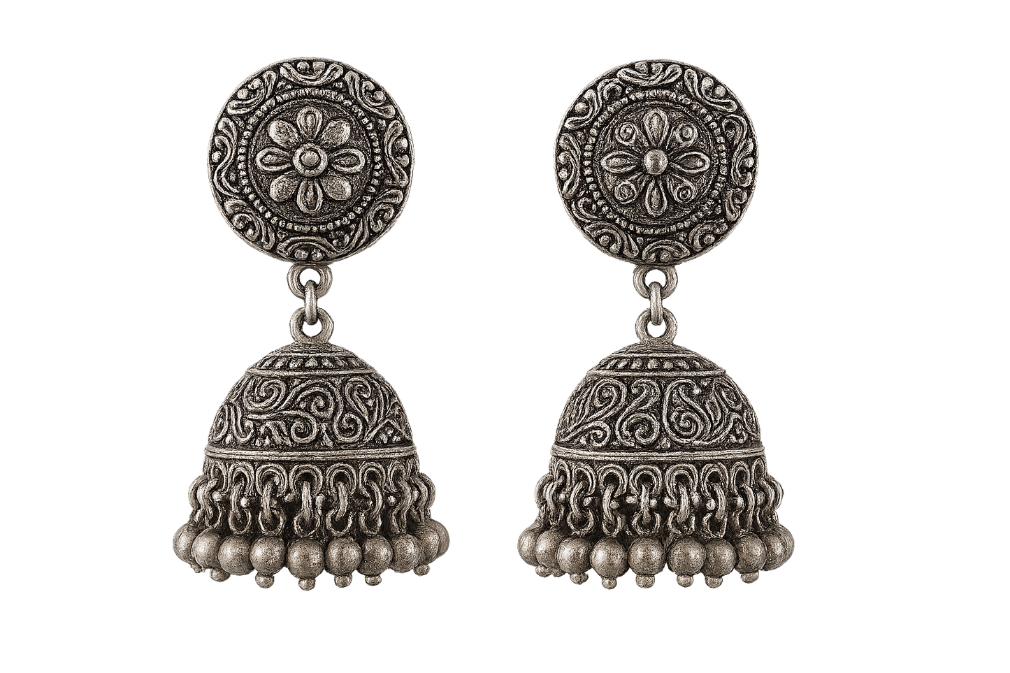 Traditional oxidized jhumkas with ghungroo detailing. Lightweight and handmade. give the image in png format no background