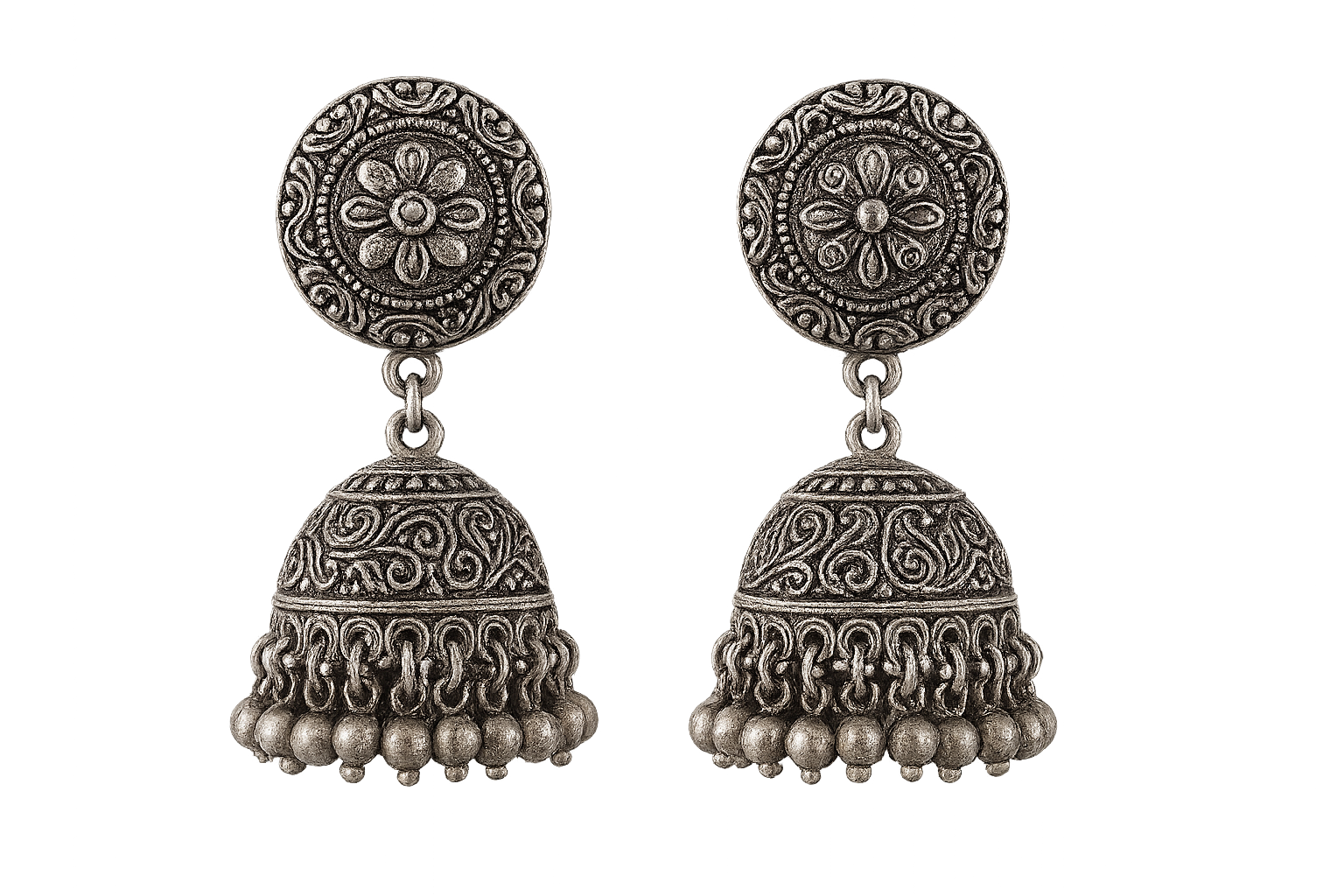 Traditional oxidized jhumkas with ghungroo detailing. Lightweight and handmade. give the image in png format no background