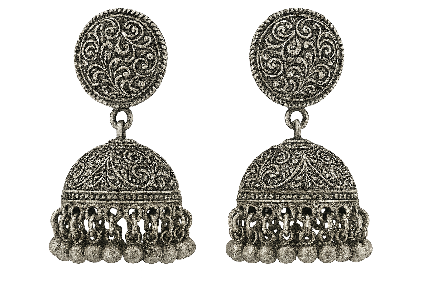 Traditional oxidized jhumkas with ghungroo detailing. Lightweight and handmade. give the image in png format no background