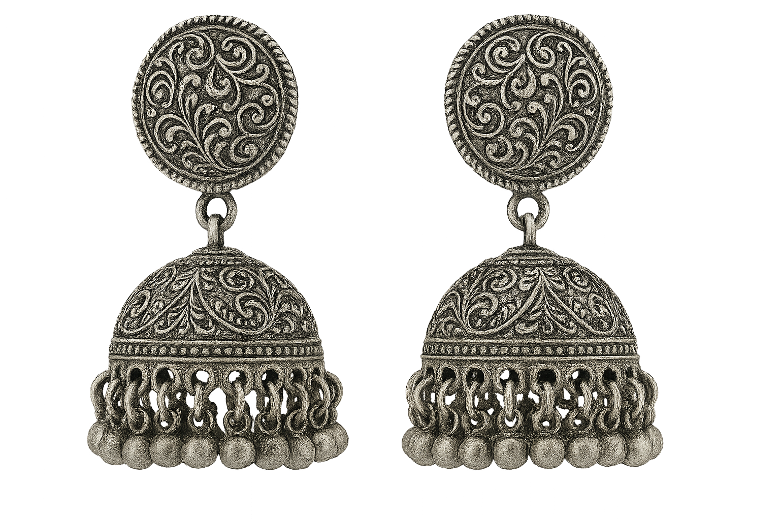 Traditional oxidized jhumkas with ghungroo detailing. Lightweight and handmade. give the image in png format no background