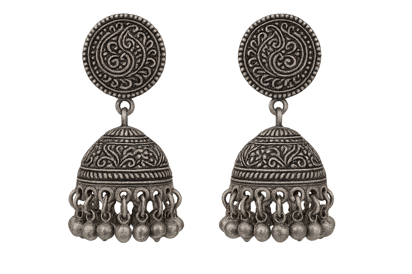 Traditional oxidized jhumkas with ghungroo detailing. Lightweight and handmade. give the image in png format no background