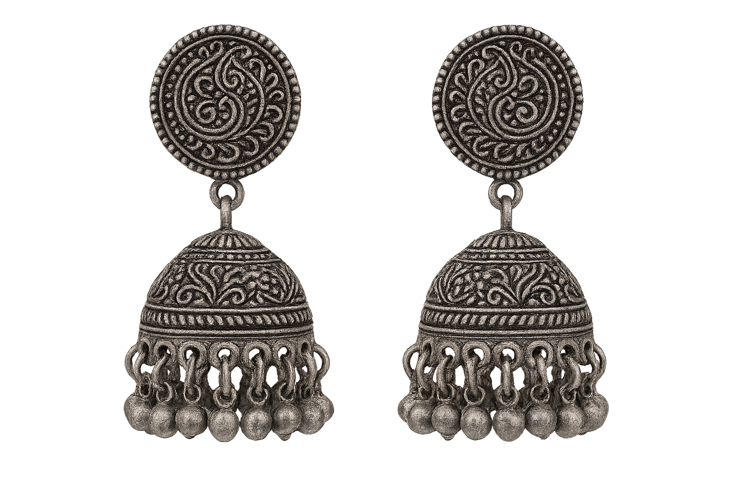 Traditional oxidized jhumkas with ghungroo detailing. Lightweight and handmade. give the image in png format no background