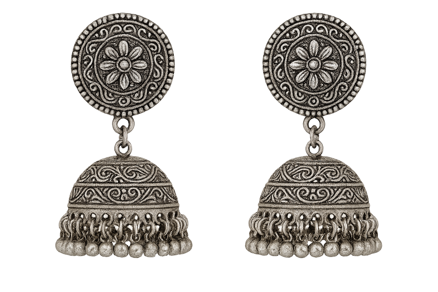 Traditional oxidized jhumkas with ghungroo detailing. Lightweight and handmade. give the image in png format no background