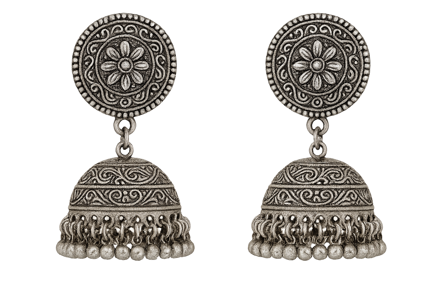 Traditional oxidized jhumkas with ghungroo detailing. Lightweight and handmade. give the image in png format no background