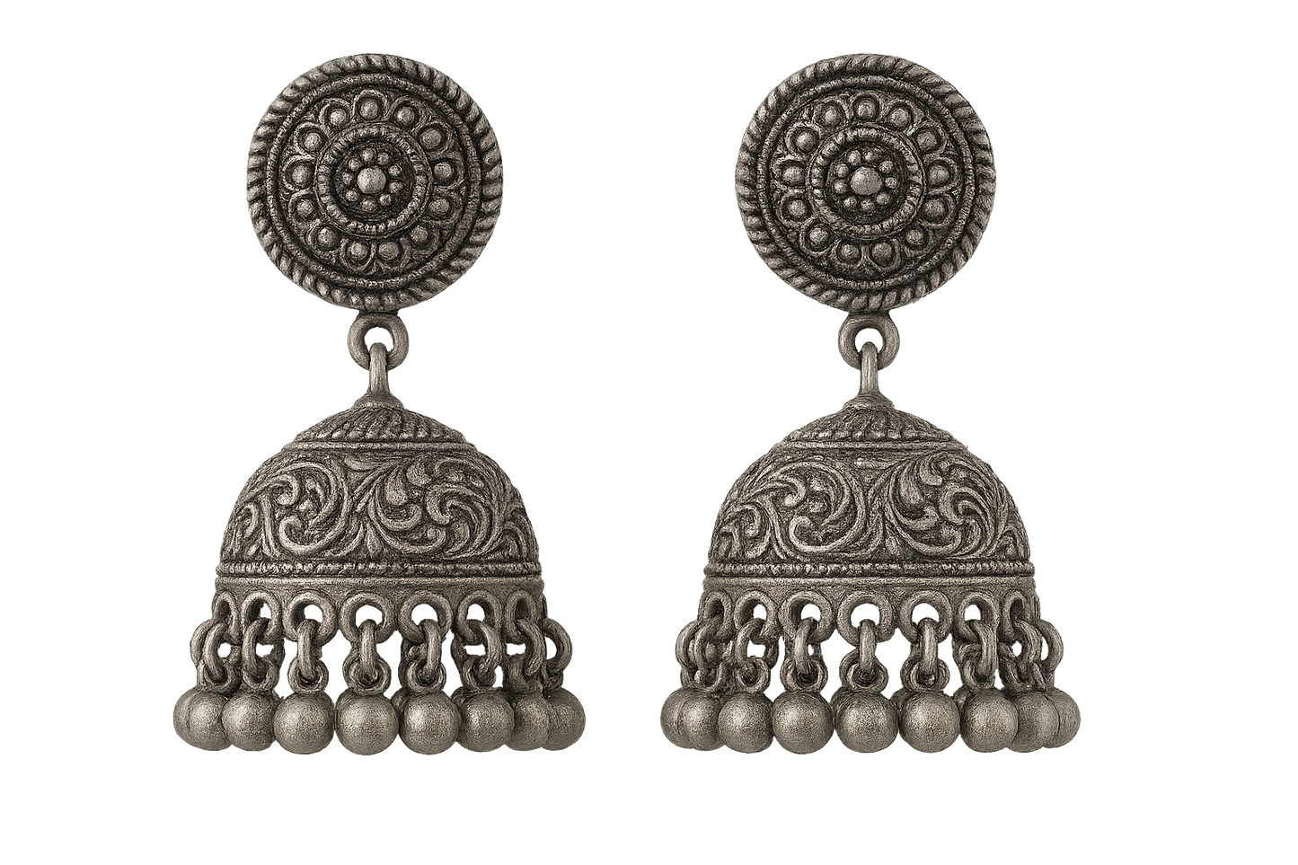 Traditional oxidized jhumkas with ghungroo detailing. Lightweight and handmade. give the image in png format no background