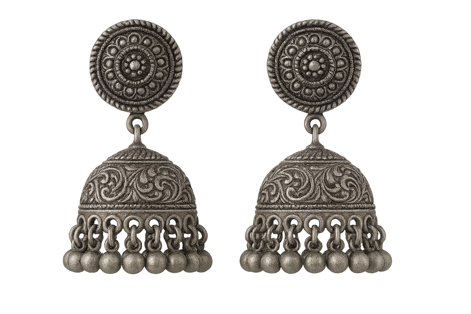 Traditional oxidized jhumkas with ghungroo detailing. Lightweight and handmade. give the image in png format no background