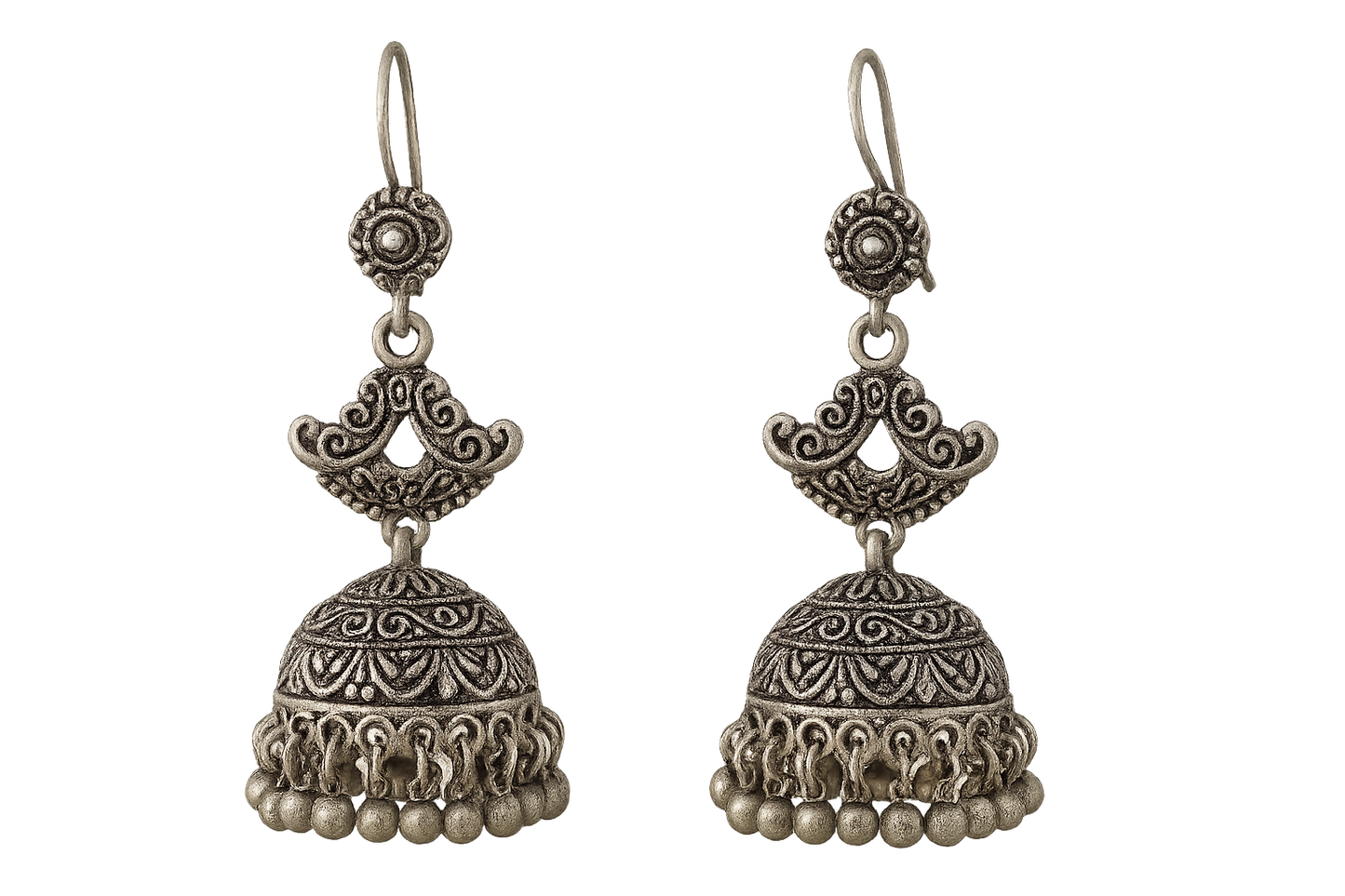 Traditional oxidized jhumkas with ghungroo detailing. Lightweight and handmade. give the image in png format no background