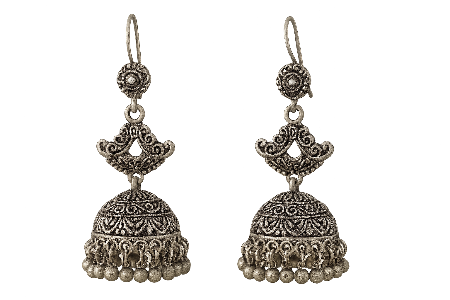 Traditional oxidized jhumkas with ghungroo detailing. Lightweight and handmade. give the image in png format no background