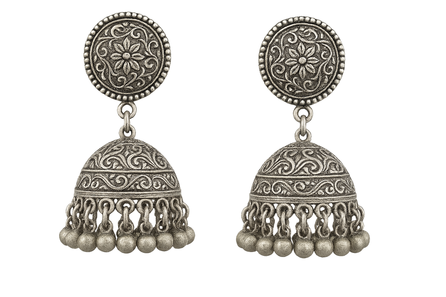 Traditional oxidized jhumkas with ghungroo detailing. Lightweight and handmade. give the image in png format no background