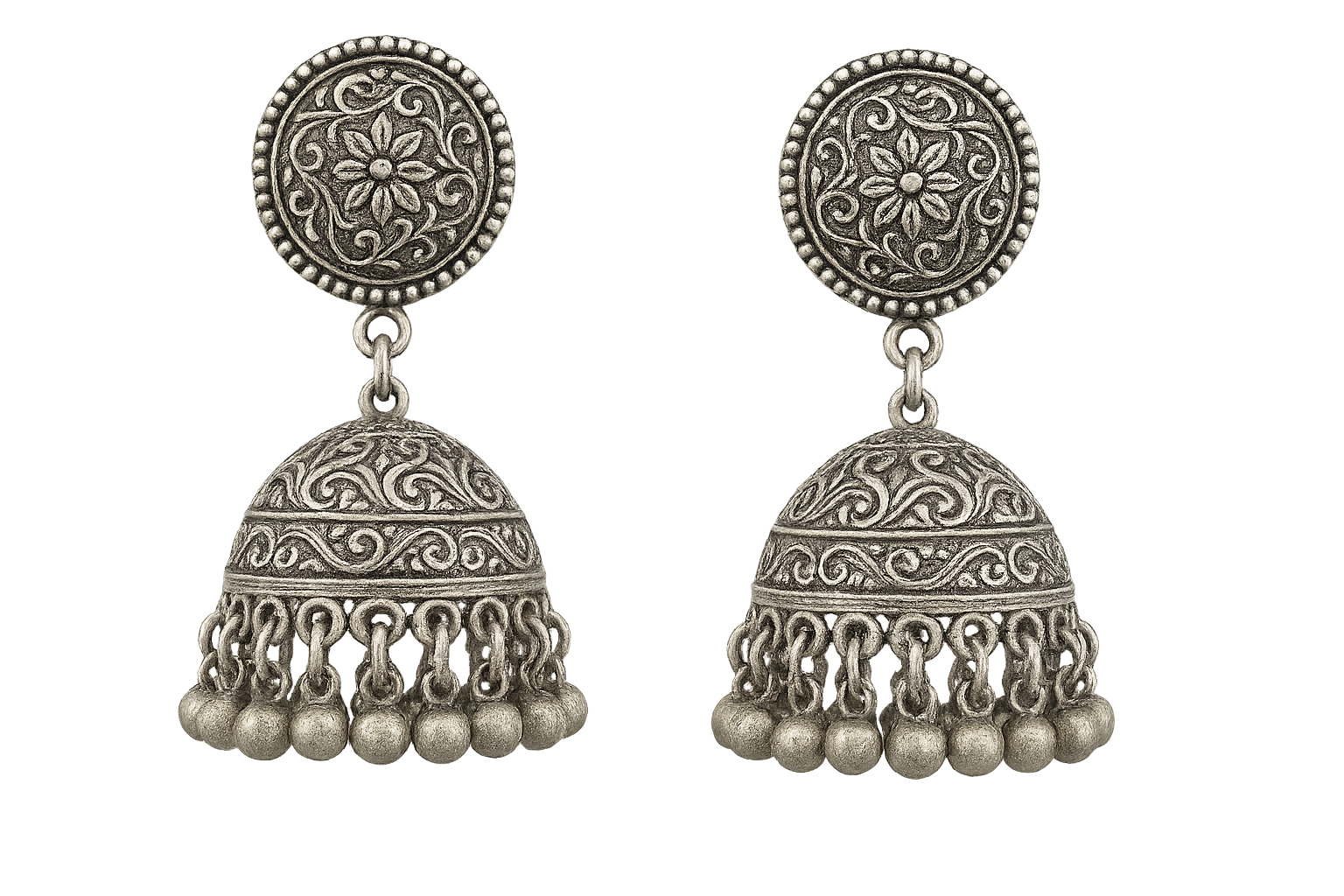 Traditional oxidized jhumkas with ghungroo detailing. Lightweight and handmade. give the image in png format no background