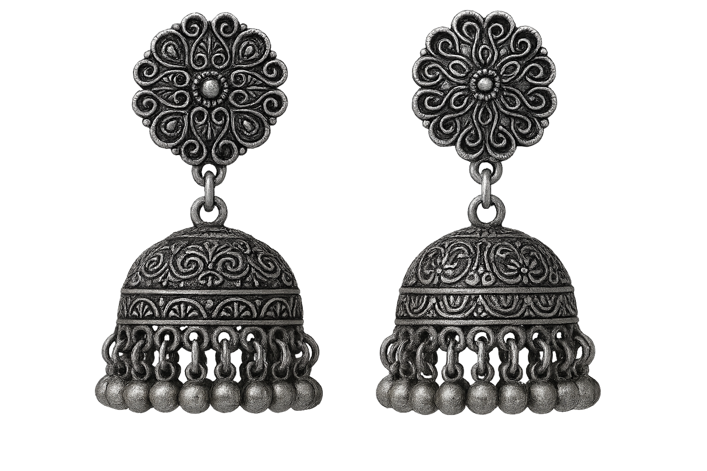 Traditional oxidized jhumkas with ghungroo detailing. Lightweight and handmade. give the image in png format no background