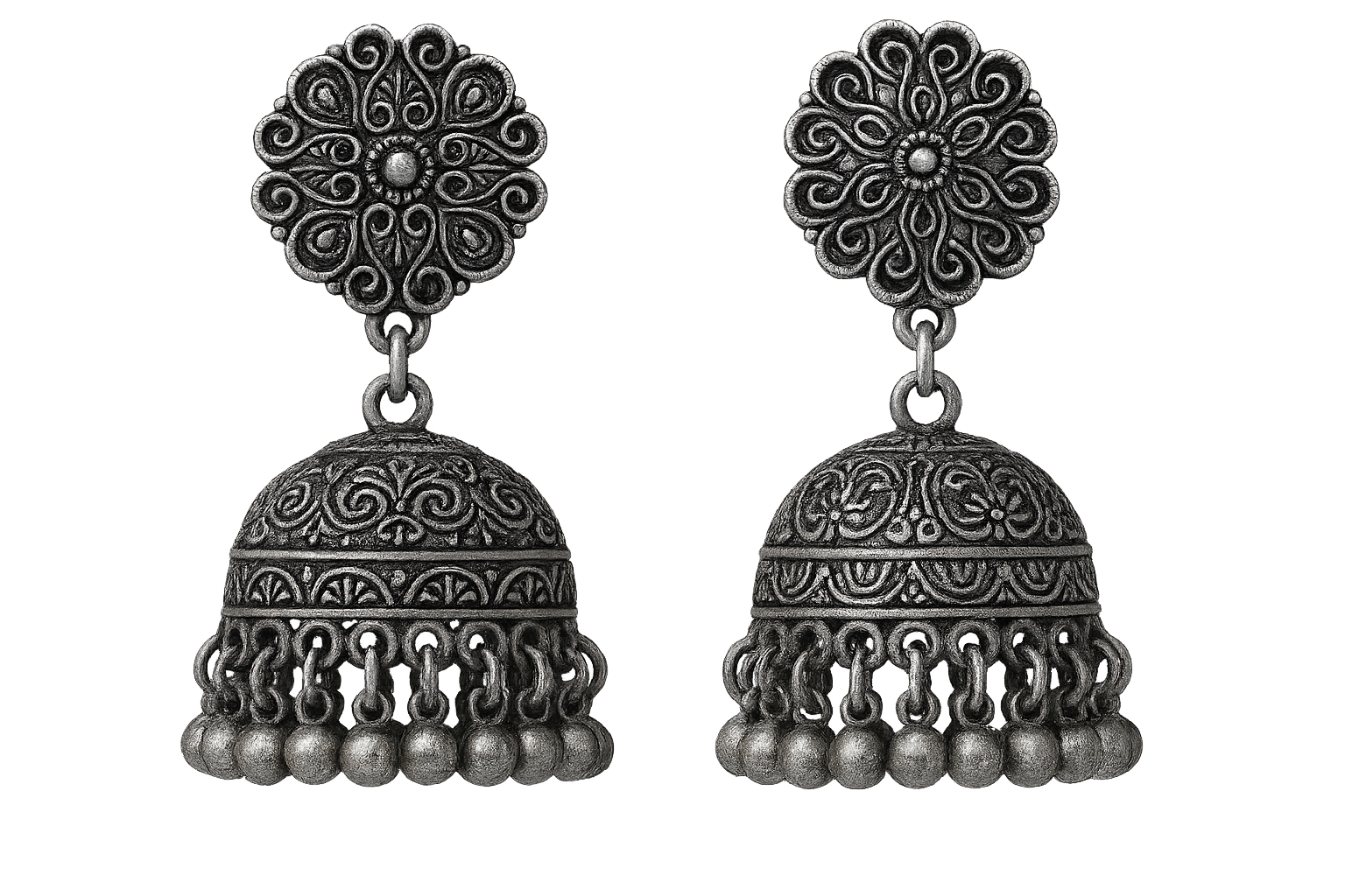Traditional oxidized jhumkas with ghungroo detailing. Lightweight and handmade. give the image in png format no background