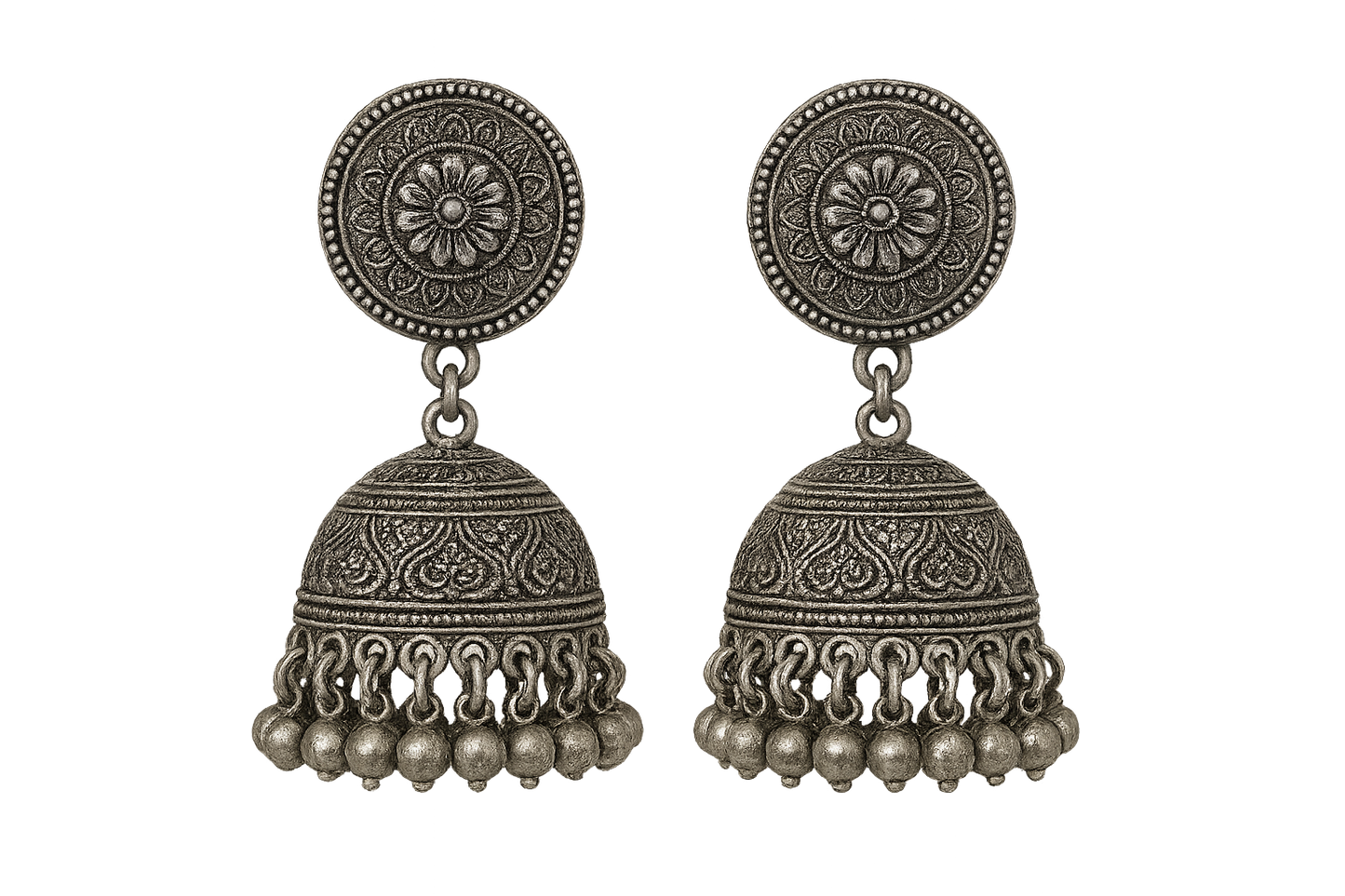 Traditional oxidized jhumkas with ghungroo detailing. Lightweight and handmade. with none give the image in png format no background