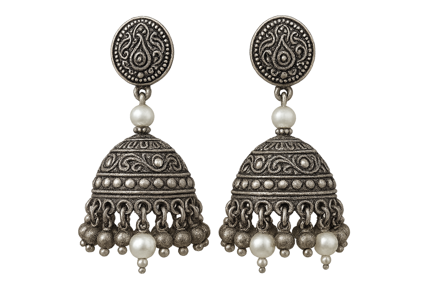  Traditional oxidized jhumkas with ghungroo detailing. Lightweight and handmade. with pearl give the image in png format no background 